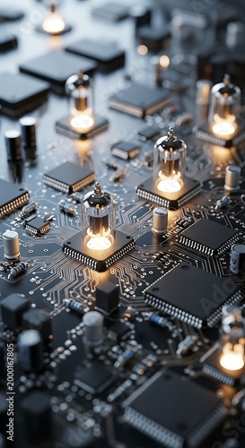 Illuminated vacuum tubes glow brightly above a complex printed circuit board assembly.