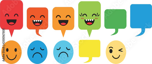 Colorful speech bubbles with expressive faces a playful communication illustration