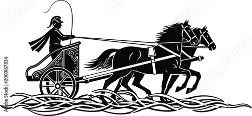 Ancient warrior in a chariot a black and white illustration