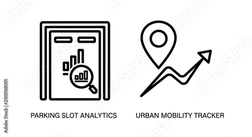 Parking slot analytics and urban mobility tracker icons with analytics, mobility