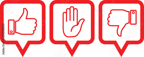 Hand gestures in speech bubbles thumbs up open hand and thumbs down