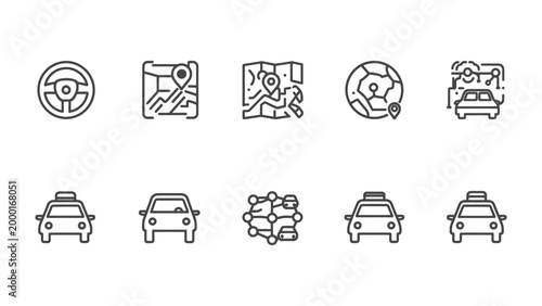 Navigating the Future: A set of stylish, linear icons representing different aspects of transport, travel, and technology.