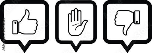 Three speech bubbles with hand gestures thumbs up stop and thumbs down