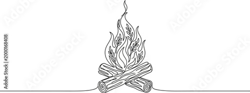 Continuous line drawing of campfire with wood logs minimalist vector