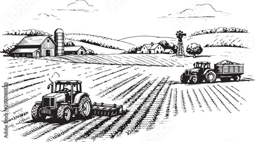  Rural Farm Landscape Line Art – Hand-Drawn Countryside Scene with Tractors and Agricultural Fields, Detailed Ink Sketch Style, Clean Vector Illustration Isolated on White Background