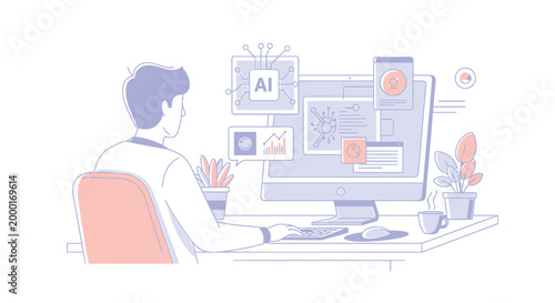 Businessman working on computer, AI coding, software development, technology vector illustration