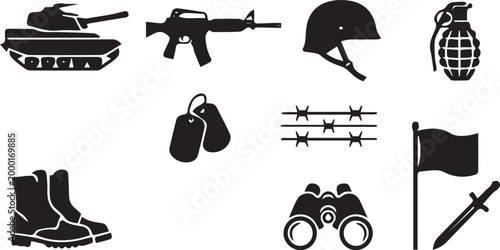silhouette vector images of war items used in the battle field with white background for using as icon or logo