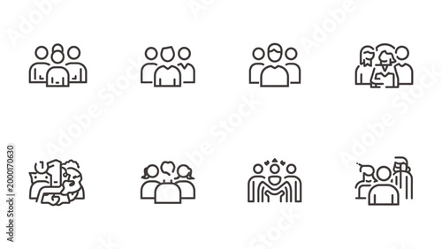 Group Icon Collection: A diverse set of minimalist icons representing various groups of people, showcasing different formations and arrangements for team or community depiction.