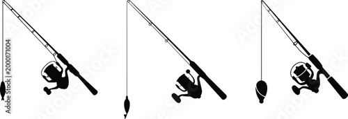 Set of Minimalist black fishing rod and reel gear silhouette vector icon