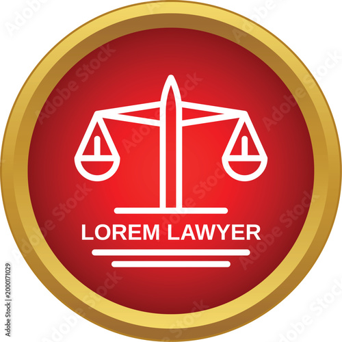 Graphic displaying scales of justice on a red and gold circular button