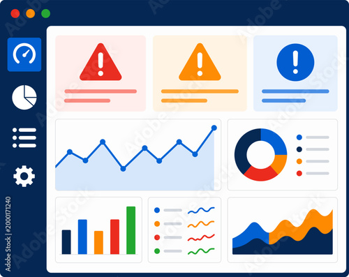 Business analytics dashboard with alerts, data visualization UI, performance metrics and charts vector illustration