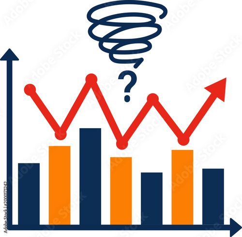 Market volatility concept, fluctuating business chart with uncertainty symbol, financial instability and growth trend vector illustration