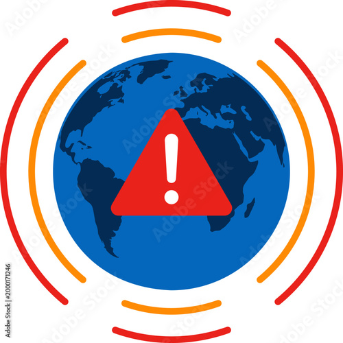 Global risk warning concept, world map with alert symbol, international crisis and emergency notification vector illustration