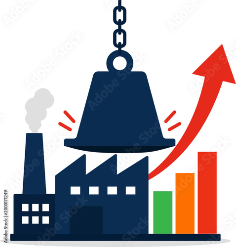 Rising production cost concept, factory with heavy weight and upward chart, manufacturing expense increase vector illustration