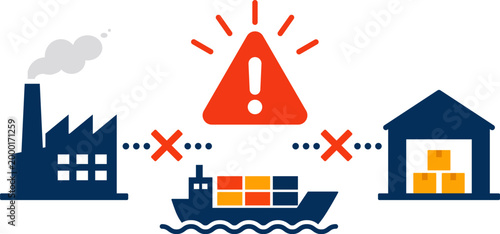Supply chain disruption concept, logistics breakdown with factory, cargo ship and warehouse, global shipping problem vector illustration