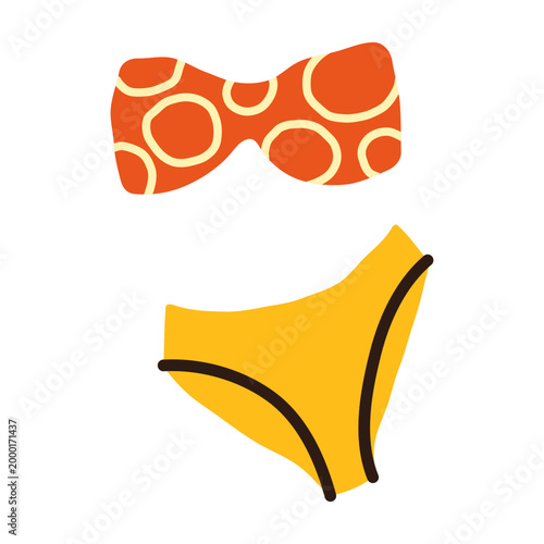 Cute bikini set with orange circle pattern bandeau top and yellow high cut bottoms