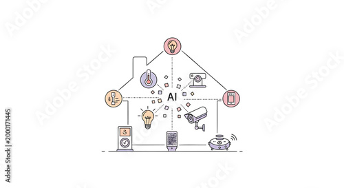 Smart home technology, AI house, automation icons, vector illustration, modern house with internet of things, IoT devices