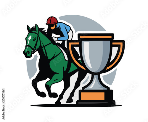 Green horse and jockey with trophy racing equestrian.