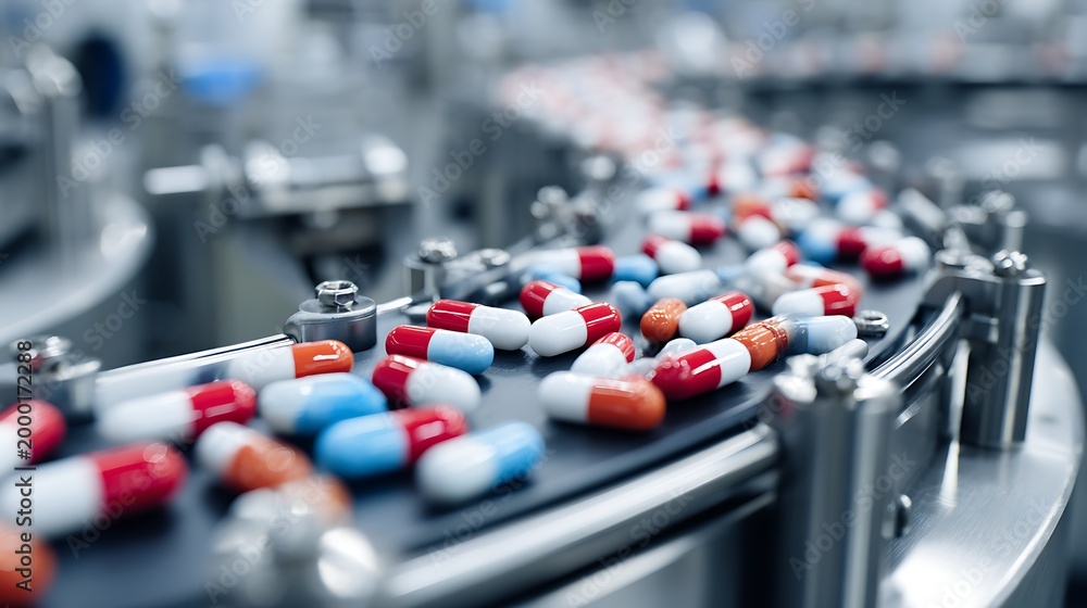 Fototapeta premium Capsule production line close-up, pills moving in automated system, macro detail, pharmaceutical manufacturing,