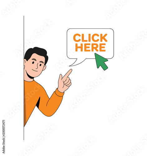 Man peeking from corner pointing at click here button and cursor finger.