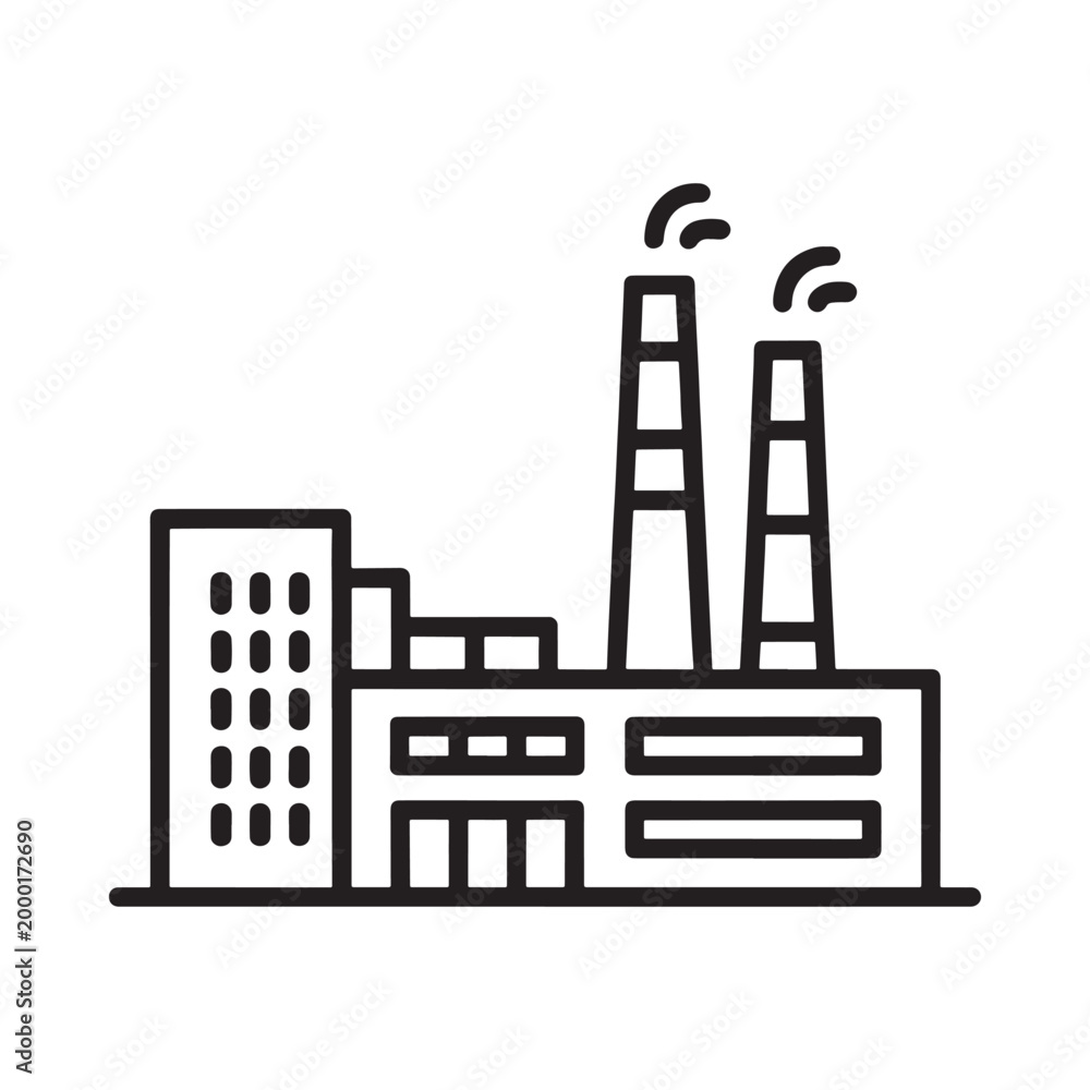 Naklejka premium factory icon line art style with smoke stacks and buildings