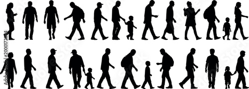 Black Walking People Silhouette Collection with Men, Women, Children, Family for Urban, Crowd, Pedestrian, Community, Lifestyle and Street Illustration Designs