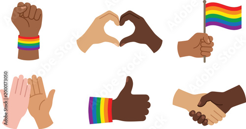 Pride Month Inclusive Gesture Icons Flat Vector Set Solidarity Fist Heart Hands High Five Handshake Pack
