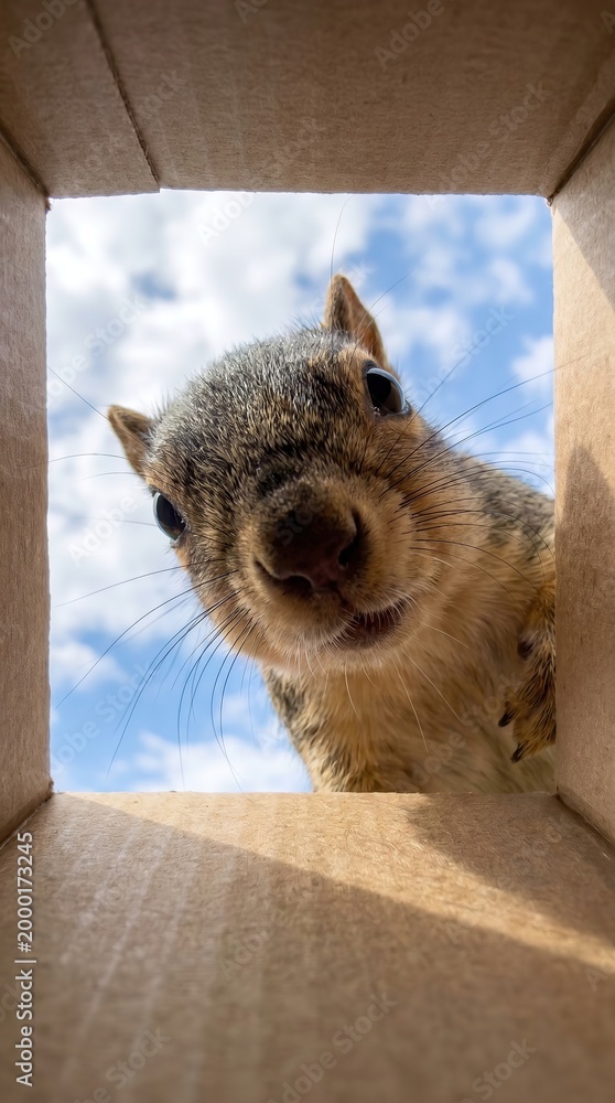 Fototapeta premium A squirrel looks down into a box, shot with a wide-angle lens. Its large nose and gentle eyes are set against a blue sky.