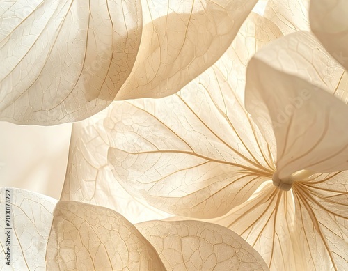 A close-up photograph showcases the intricate details of dried datura flower petals, revealing a delicate network of veins and a soft, muted color palette.
