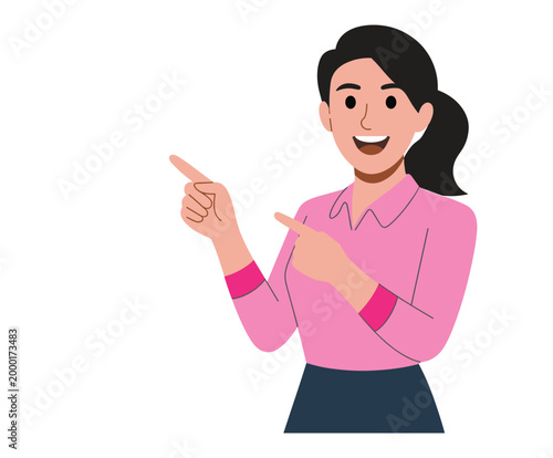 Woman in pink shirt pointing with both index fingers.