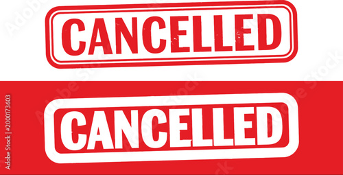 Bold red 'cancelled' stamp repeated twice on white and red backgrounds signifying rejection