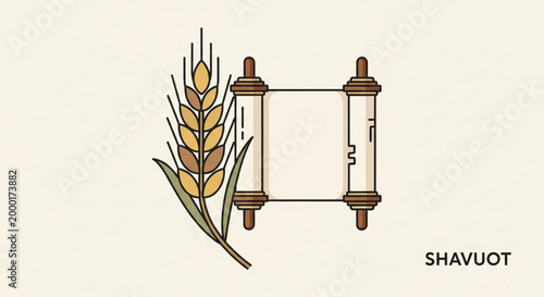 Shavuot jewish holiday symbol illustration with scroll and wheat sheaf on beige background