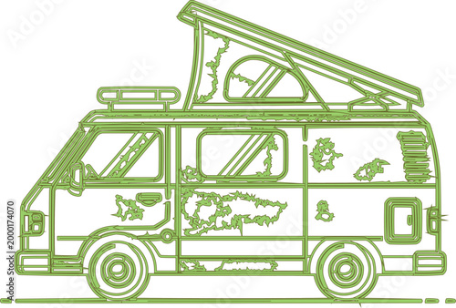 Camper van with pop top roof stands for outdoor trips.