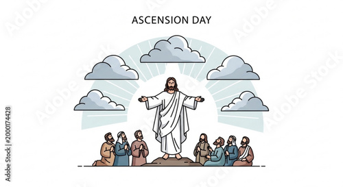 Jesus christ ascends to heaven on ascension day with disciples below