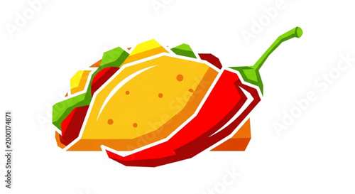 Vibrant illustration of a chili pepper wrapped taco with cheese and vegetables on a white background perfect for food and cuisine concepts