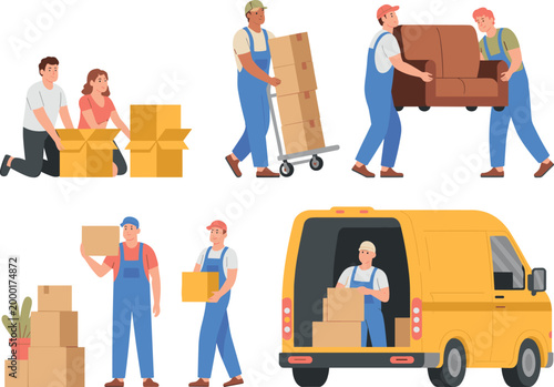 Professional moving service and home relocation set featuring movers carrying furniture loading delivery van and packing cardboard boxes flat vector illustration