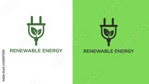 Renewable energy logo with leafy plug on white and green backgrounds