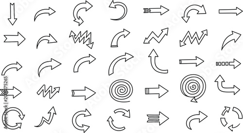 Collection of hand drawn arrow icons diverse directions and styles for visual communication