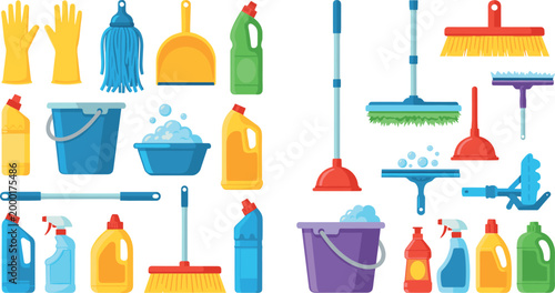 Tableau sur toile Flat Cleaning Supplies Vector Icon Set with Broom, Mop, Bucket, Spray Bottles, G
