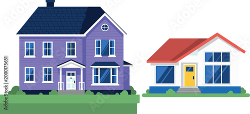 Modern Flat House Building Vector Illustration Set with Suburban Home, Cottage, Architecture for Real Estate, Property, Construction and Exterior Design