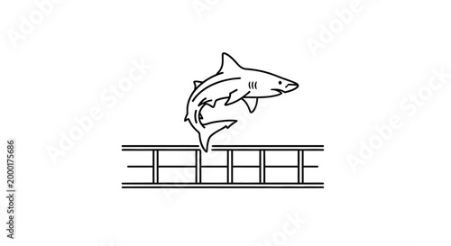 A black and white line drawing of a shark jumping over a fence.
