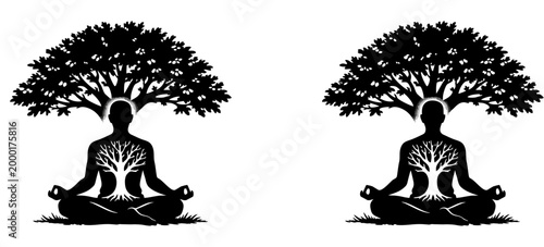 Minimalist vector illustration featuring meditative human silhouette with tree motifs, symbolizing inner growth and harmony with nature.