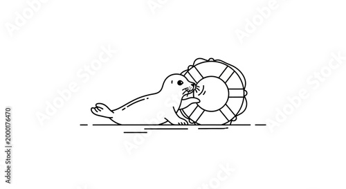 A playful seal pup interacting with a life preserver toy.