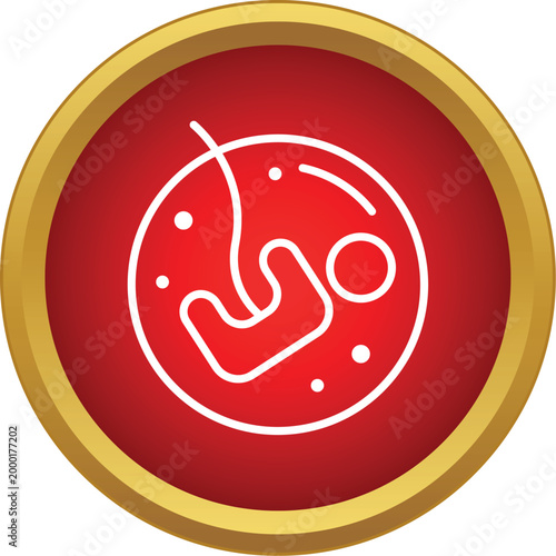 Human embryo outline developing inside a womb in a round red icon with gold border
