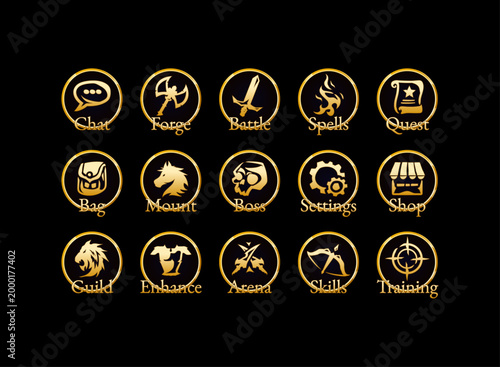 Golden fantasy RPG game icons pack, elegant round UI symbols for battle, guild, shop, and settings interface design.