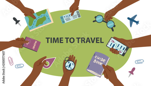 Travel, vacation, business trip concept banner. Human hands holding travel objects2. Vector flat hand drawn illustration.
