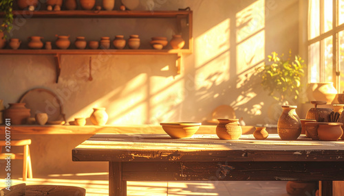 Local artisan craft, summer. sunlit pottery studio with clay pots wooden table warm light streaming through windows creating serene and creative