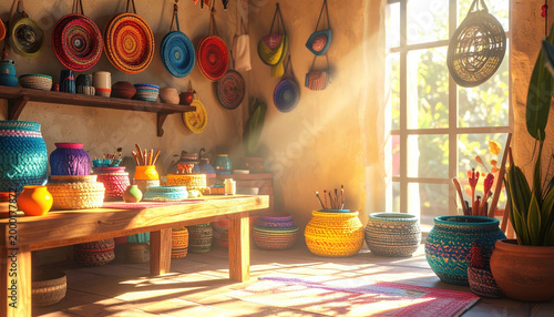 Local artisan craft, summer. Colorful woven baskets and pottery fill sunlit artisan studio, creating warm inviting atmosphere