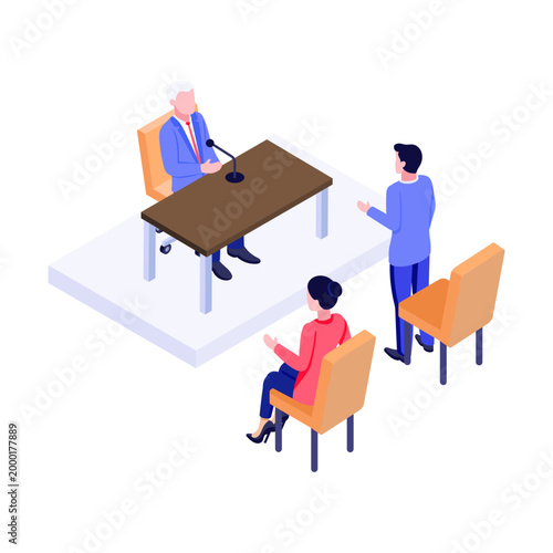 An isometric style illustration depicting audience question
