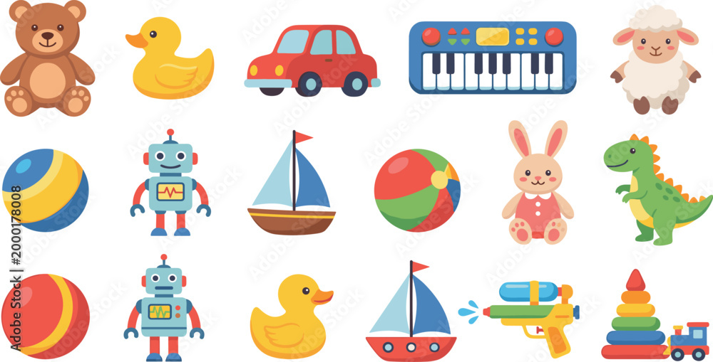 Fototapeta premium Colorful baby toys icon set with teddy bear rubber duck car piano sheep ball robot sailboat bunny dinosaur water gun and blocks for kids nursery design vector.